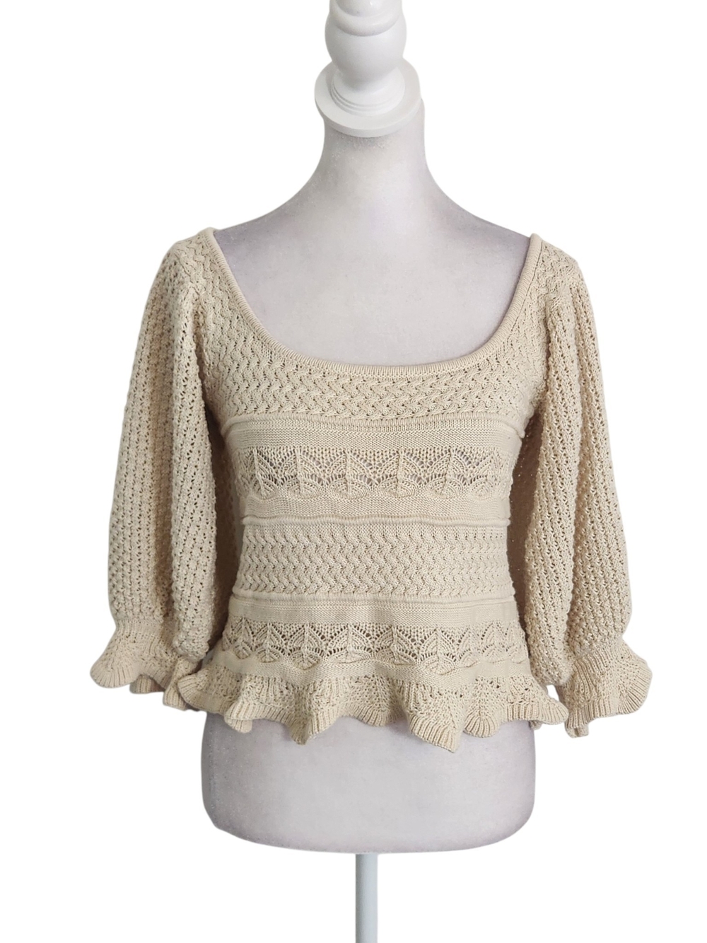 Lucy Paris Beige Knit Cropped Sweater with Puffy Sleeves Size XS